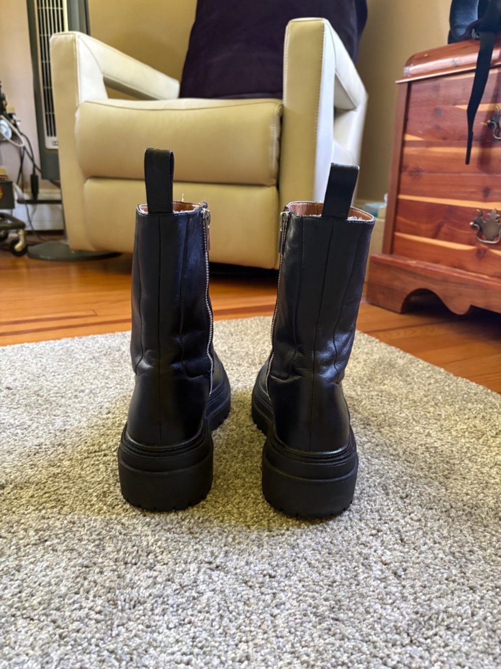 Zara Chunky Black Leather Moto Boots - Picture 2 of 7